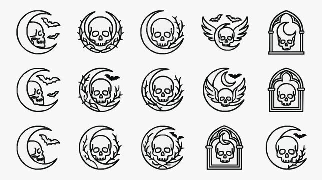 Haunting Halloween Skull Emblem Collection with Moon Bats and Wings Icons
