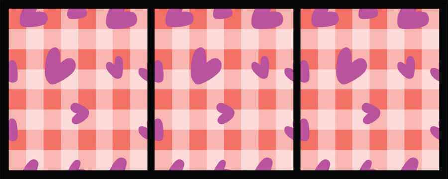 Seamless pattern featuring hand drawn purple hearts over a light pink and coral red gingham checkered background