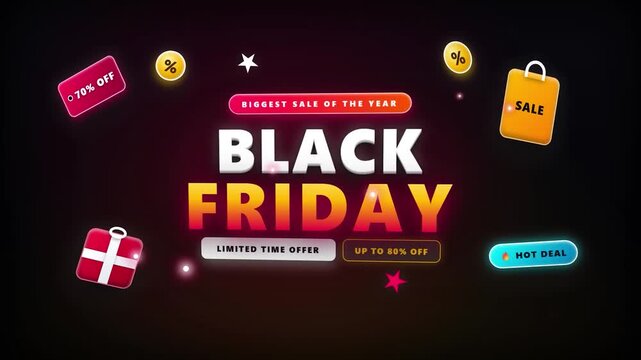 Black friday sale promotion banner modern glow neon 3d floating elements marketing advertising e-commerce retail web header campaign