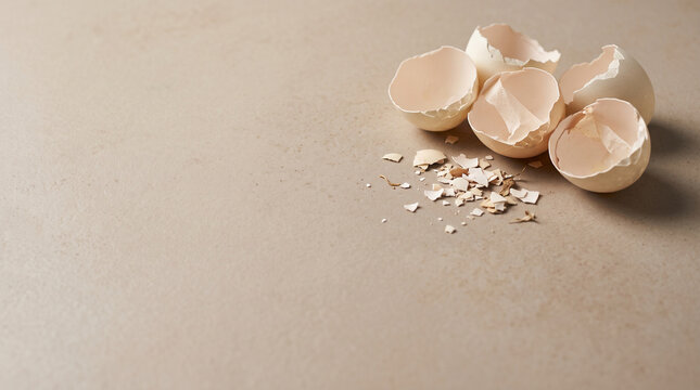 Cracked and Broken Eggshells on Beige Background with Copy Space