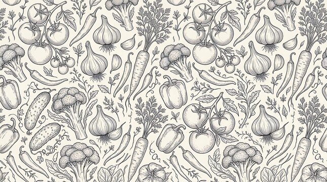 Hand drawn vegetable seamless pattern with fresh garden produce for
