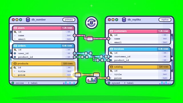 Database schema mapping and data synchronization on green screen