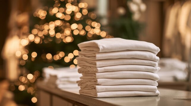 Soft white towel stack on wooden surface with blurred warm light background in cozy indoor setting during holiday season