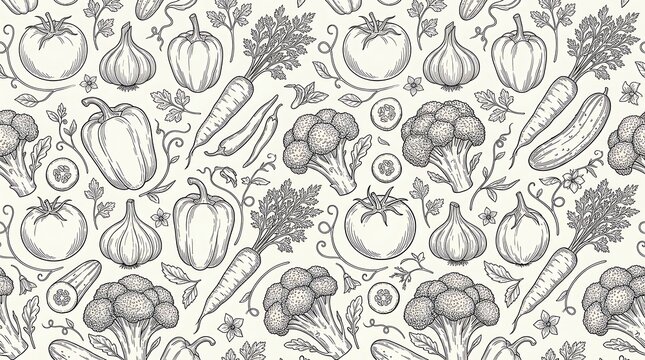 Hand drawn vegetable seamless pattern with fresh organic garden