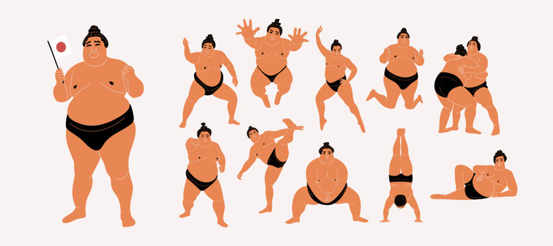 Vector set of sumo wrestlers isolated on beige background. Concept of Sumo Japanese culture.
