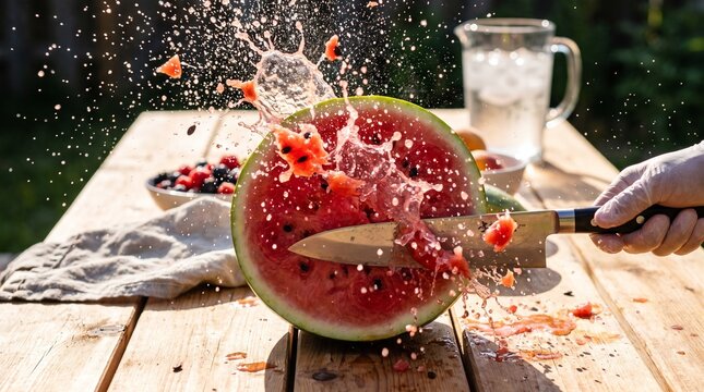 Fresh watermelon being sliced with a knife creating a dynamic juice splash outdoors