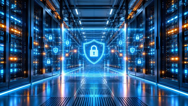 Advanced data center aisle featuring a digital shield and padlock network visualizing enterprise server security