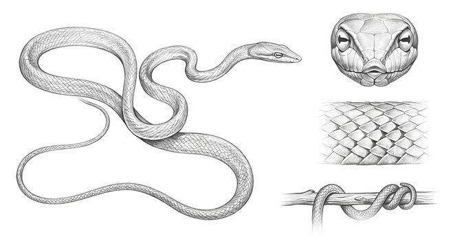 Asian vine snake Ahaetulla nasuta anatomy, scale pattern, and coiled tail study set. Detailed pencil sketch on white background.