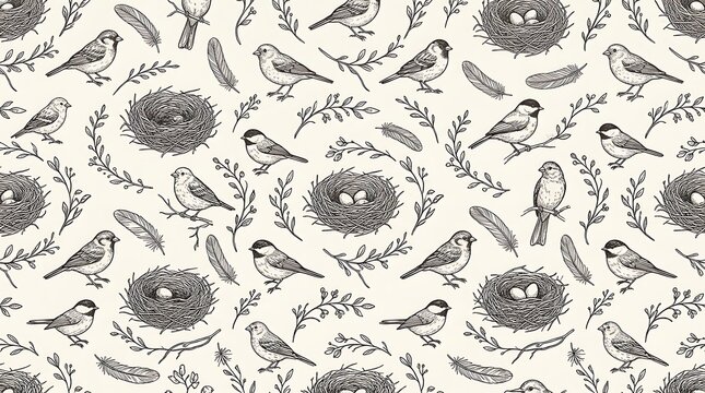 Seamless pattern with hand drawn birds nests and feathers in vintage