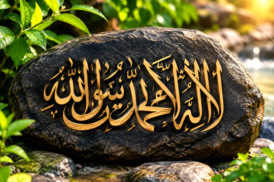 Golden Arabic Islamic Calligraphy on Natural Stone, Shahada Kalima
