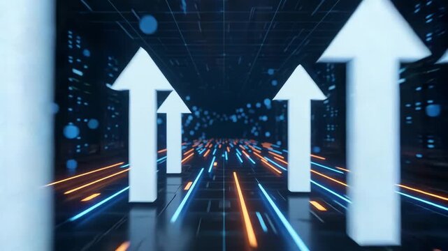 Digital growth concept with white upward arrows on a glowing data center network background