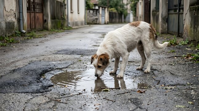 Golden retriever puppy drinking water from a puddle on a wet city street