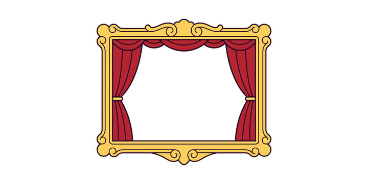 Ornate golden frame with deep red curtains offering elegant border for artistic displays or stage announcements.