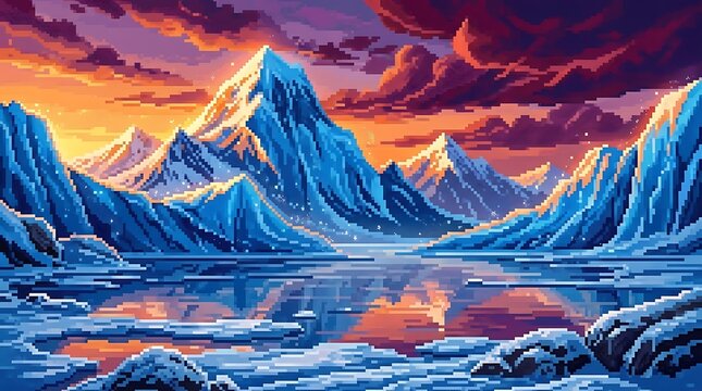 Beautiful pixel art landscape featuring majestic snowy mountains under a dramatic sunset sky and frozen lake reflection.