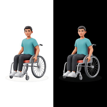 3D render of a young smiling man sitting in a wheelchair isolated on white background. Perfect for healthcare and inclusion concepts.