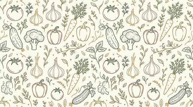 Hand drawn vegetable pattern with fresh organic garden produce