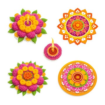 3D Vector Illustration Set of Diwali Floral Rangoli Design Elements Isolated on White Background
