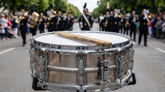 Close-up of a Professional Marching Band Bass Drum with Drumsticks on a City Street During a Parade