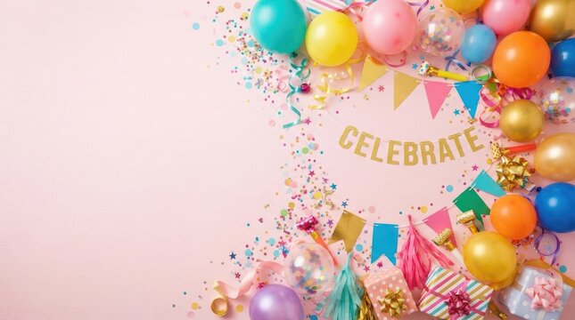 A festive pink background is adorned with colorful balloons, confetti, streamers, and gift boxes. A banner reads "CELEBRATE" in gold lettering.