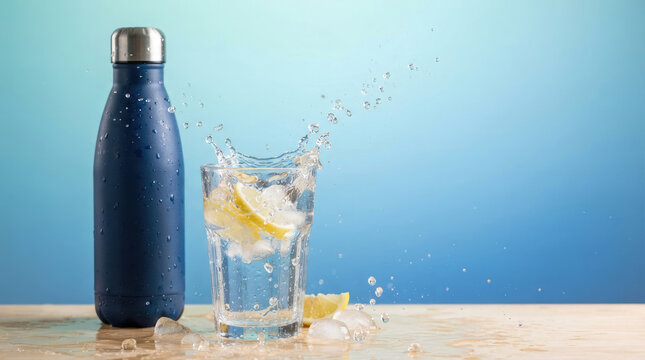 A stainless steel water bottle splashes water onto a wooden table. A glass of water with ice and lemon slices sits nearby.