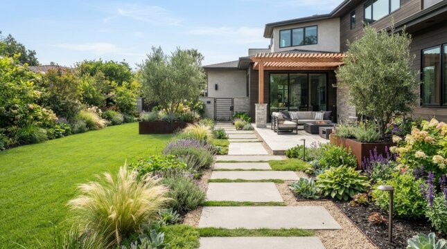 A modern house features a spacious patio with comfortable outdoor furniture. A stone pathway leads through a lush, landscaped garden with various plants and trees.