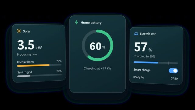 Home energy app UI cards showing solar production, home battery level and EV charging progress, glassmorphism interface animation on transparent alpha background, seamless 8 second loop