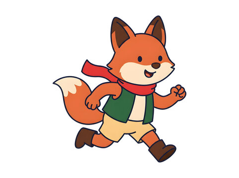 Cute cartoon fox character running dynamically while wearing a warm red scarf, green vest, light yellow shorts, and brown boots in a vibrant vector illustration style