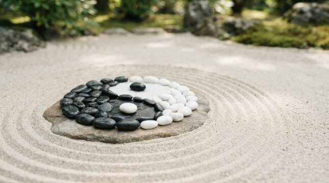 A stone circle is created in a sand garden. Two black stones and one white stone are arranged in the shape of the Yin and Yang symbol.