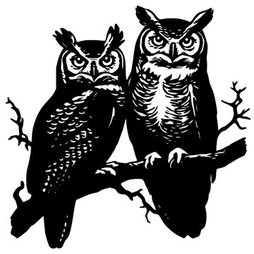Black silhouettes of two owls perched on branch, bold vector design symbolizing wisdom, nature, and nocturnal elegance.