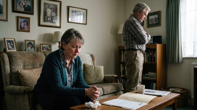 A woman sits hunched over a table covered with documents, her hands clasped in prayer. An older man stands stiffly behind her, his posture conveying disapproval.