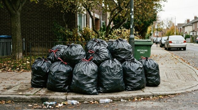 Several black trash bags are piled on a sidewalk next to a recycling bin. Fallen leaves cover the pavement.