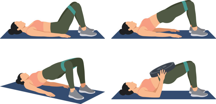Woman performing weighted glute bridge and hip thrust exercise routines with resistance bands vector illustration set isolated