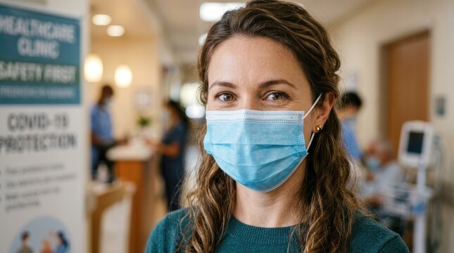 A woman wearing a blue surgical mask smiles directly at the camera inside a healthcare clinic. She has long, wavy brown hair and is wearing a teal sweater.