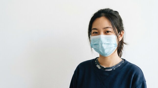 A young Asian woman wears a blue medical face mask and a dark blue sweatshirt. She is smiling slightly and looking directly at the camera.