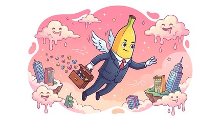 Obraz premium A Business Banana Soars: A whimsical anthropomorphic banana, dressed in a sharp suit and tie, with tiny wings, flies through a pink, cloudy sky above a miniature city, carrying a briefcase.