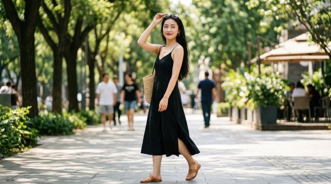 A young woman walks along a paved pathway in a park. She is wearing a black spaghetti strap dress and brown sandals.