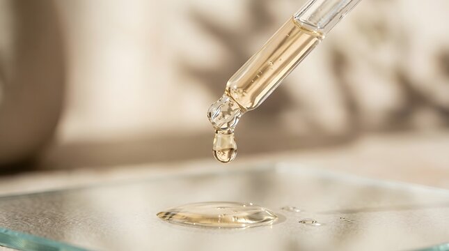 Dropper releasing cosmetic oil serum onto a glass surface.