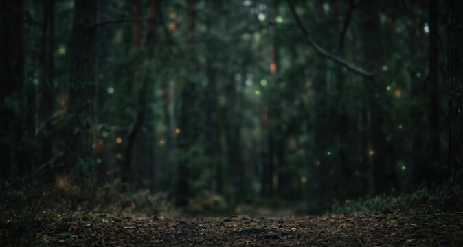 Blurred forest path at twilight with glowing amber and green firefly lights in the dark woods