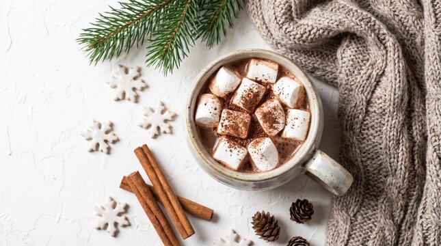 Top view of delicious hot cocoa mug filled with mini marshmallows and festive Christmas decor
