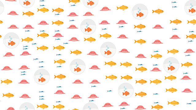 Seamless pattern of cartoon fish and blob creatures