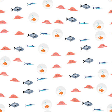Seamless pattern of various cartoon fish