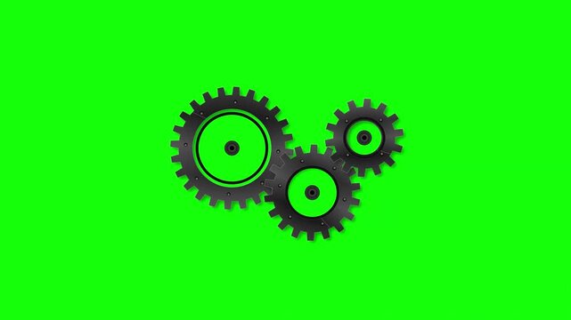 Three black metallic industrial gears or cogs meshed and interlocking, isolated on a green screen chroma key background for motion graphics and video editing projects.