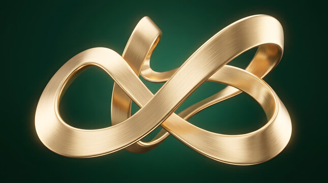 Elegant gold infinity loop shape on dark background. Premium luxury concept and modern sculpture. Brushed golden ribbon twisting in space