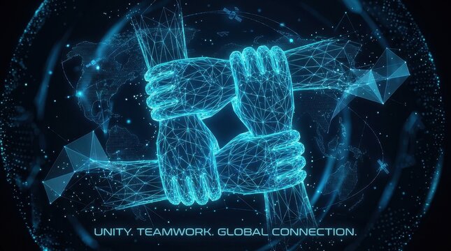 Digital wireframe hands joined together in unity against a dark blue global network background with background featuring glowing together circle represent glowing world map map data nodes teamwork