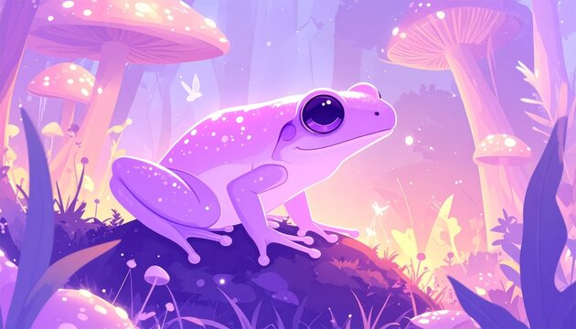 Stylized purple frog in fantasy mushroom forest.