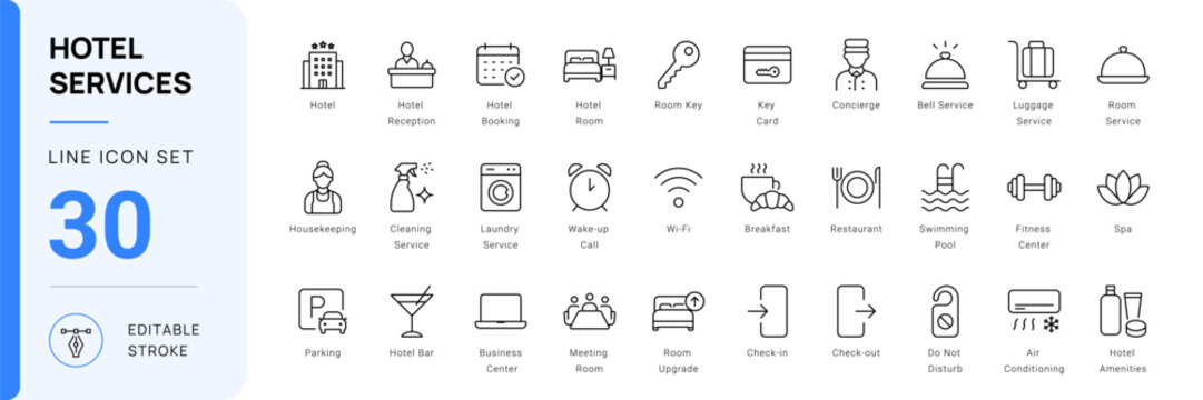 hotel services hospitality icon line style accommodation travel editable stroke vector set