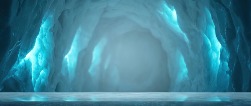 Empty stone podium in front of a glowing blue ice cave, arctic tunnel background display