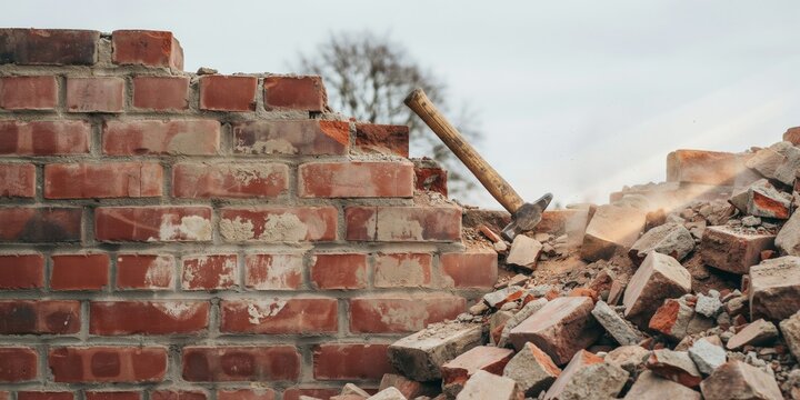 Old Broken Red Brick Wall Demolition with Hammer and Pile of Debris Dust, Construction Site Renovation Concept Stock Photo