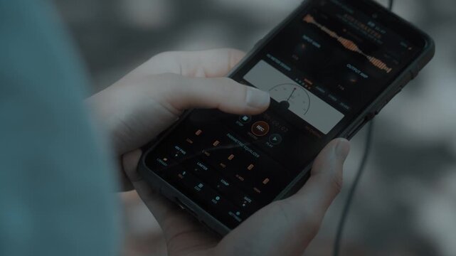 Person using a mobile audio recording app on a smartphone, touching screen controls for sound production and technology concept