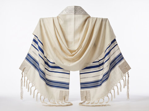 Light blue and white fringed shawl draped over mannequin